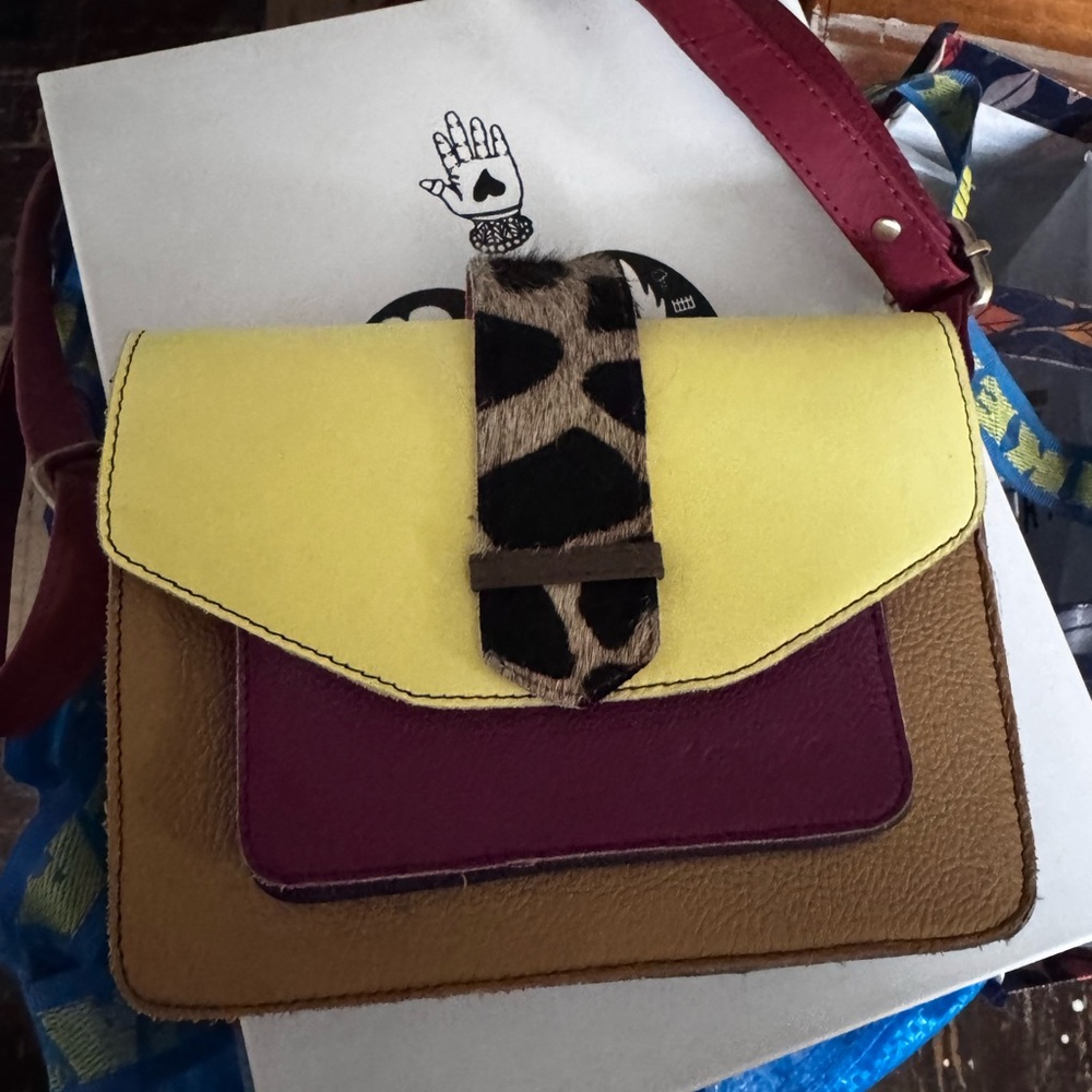 Colorblock Crossbody Bag in Yellow, Burgundy & Tan with Leopard Strap